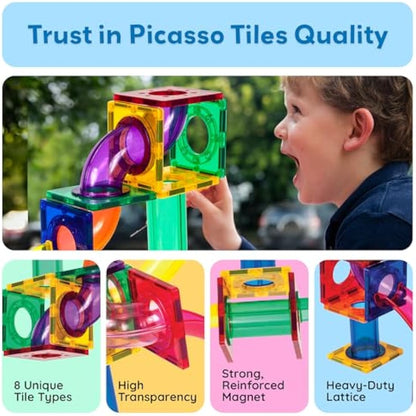 PicassoTiles Magnetic Marble Run Marbles for Kids Race Track Toy Set Marble Maze Sensory Toys for Toddlers STEM Educational Magnet Building Blocks Construction Building Tiles Boys Girls 3+