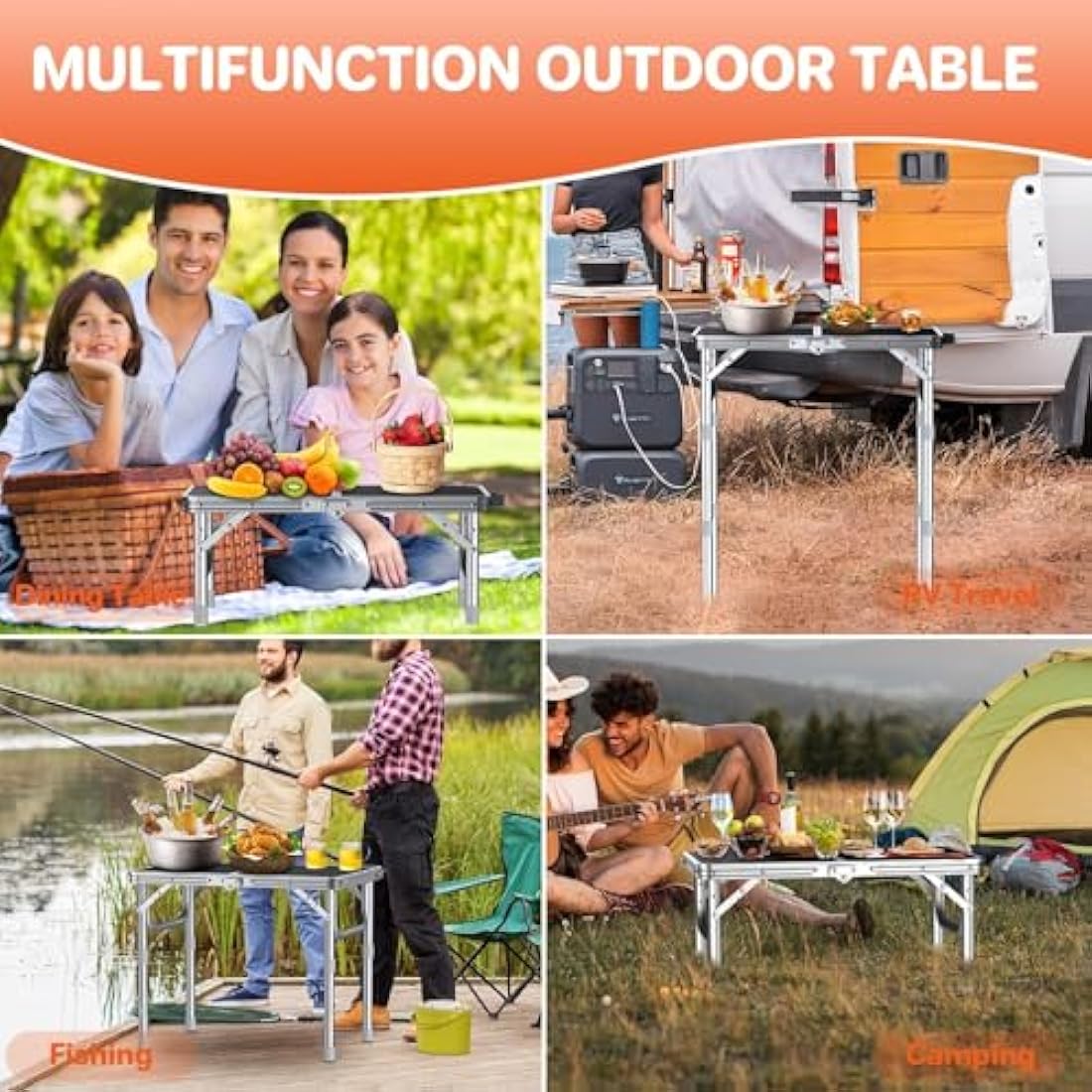 FUNYKICH 2ft Small Folding Camping Table, 3 Height Adjustable Portable Picnic Table, Lightweight Aluminum Outdoor Tables with Carry Handle for Camping, Picnic, BBQ, 58x40cm(L22.8 xW15.7), Silver