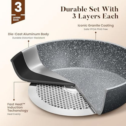 Kitchen Academy 17 Pcs Induction Hob Pots and Pans Set Non Stick, Nonstick Induction Kitchen Cookware Sets, Gray Granite Cooking Saucepan and Frying Pans Set