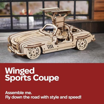 UGEARS Winged Sports Coupe 3D Puzzle- 1:24 Scale 3D Wooden Puzzles for Adults Model Car Kit - Working Gull-Wing Doors Model Kits For Adults to Build - Mechanical Vehicle for Fathers Day - 262 Pcs