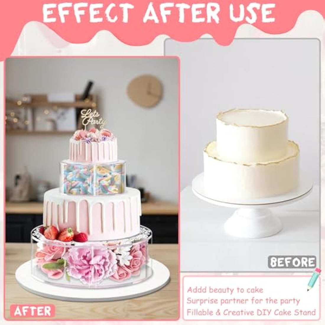 Giyiprpi 2PCS Acrylic Fillable Cake Stand, Round Cylinder Display Riser Display Box, Decorative Centerpiece for Wedding Birthday Party Display 6 Inch, 10 Inch