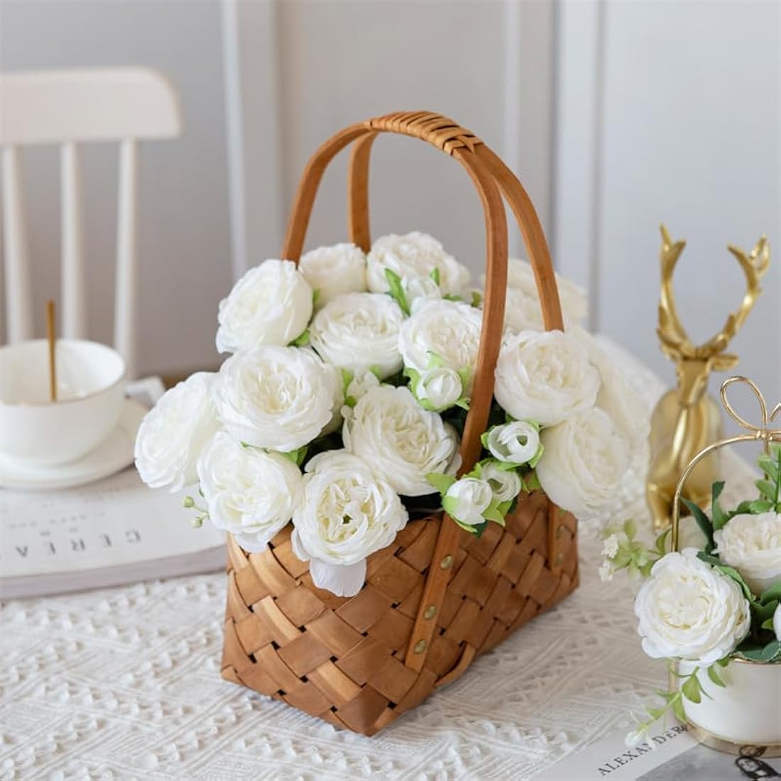 FADACHY 4 Bunches White Real Touch Silk Peonies Artificial Flowers - Lifelike Wedding & Home Table Decor, Garden Centerpieces & Indoor/Outdoor Arrangements