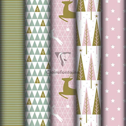 Clairefontaine 201965AMZC - A Box of 10 Rolls of Gift Wrapping Paper - Excellia 80g Paper - Dimensions: 5x0.70m - Pattern: Christmas, Pink, Gold, Fir Trees, Deer, Stars - Gift Wrapped
