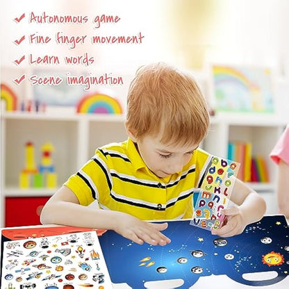 ASTARON 3D Sticker Scenes Book for Kids, 88 Pcs Reusable Space Jelly Stickers for Toddlers, Puffy Sticker Game Educational Sensory Learning Toy, Party Supplies Birthday Gift