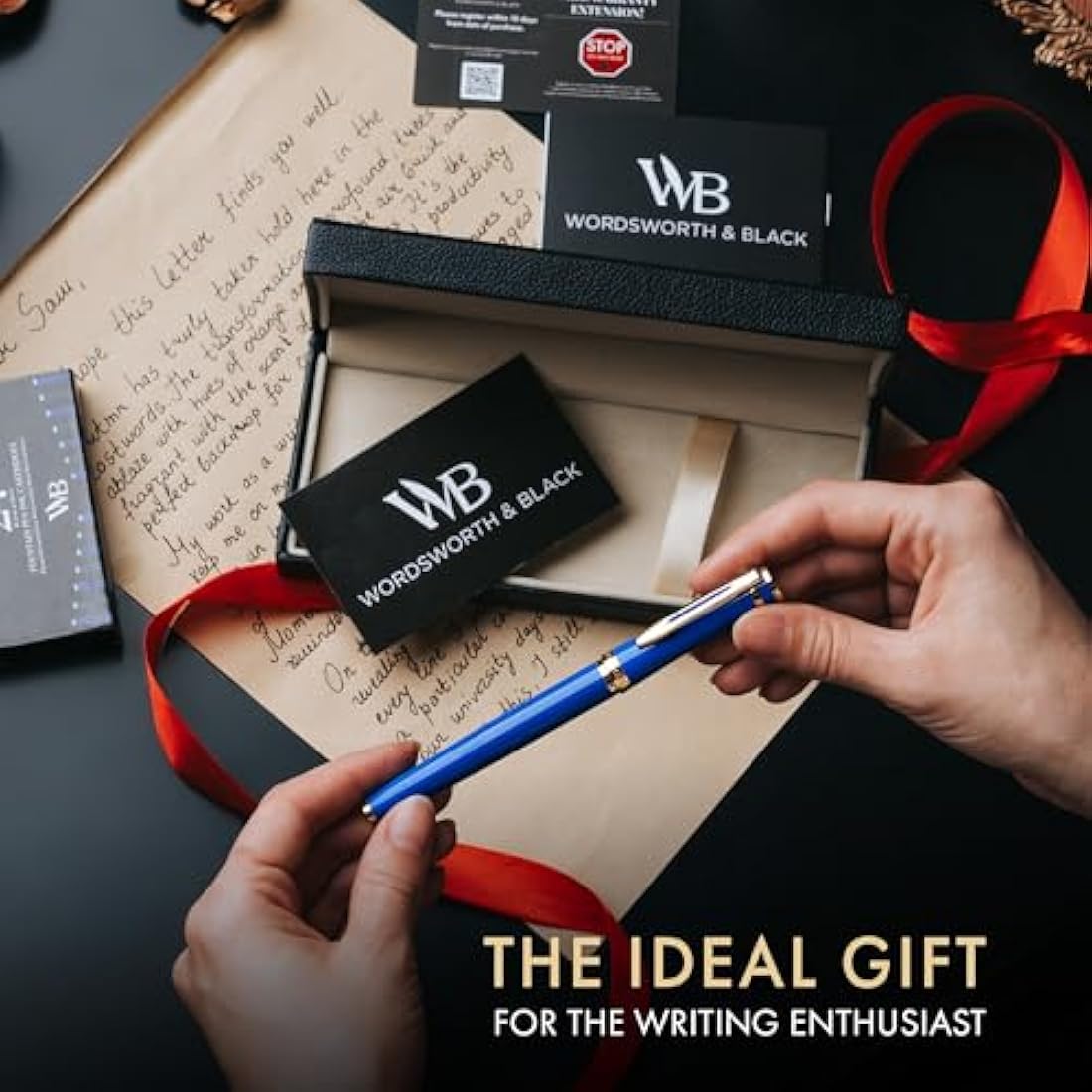 Wordsworth & Black Fountain Pen Set, 18K Gilded Fine Nib, Includes 24 Pack Ink Cartridges, Ink Refill Converter & Gift Box, Gold Finish, Calligraphy, [Imperial Blue], Perfect for Men & Women