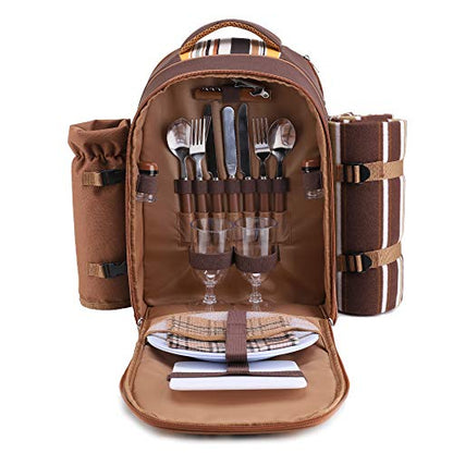 apollo walker 2 Person Picnic Backpack Picnic Bag Hamper Cooler Bag with Tableware Set & Blanket (BROWN)