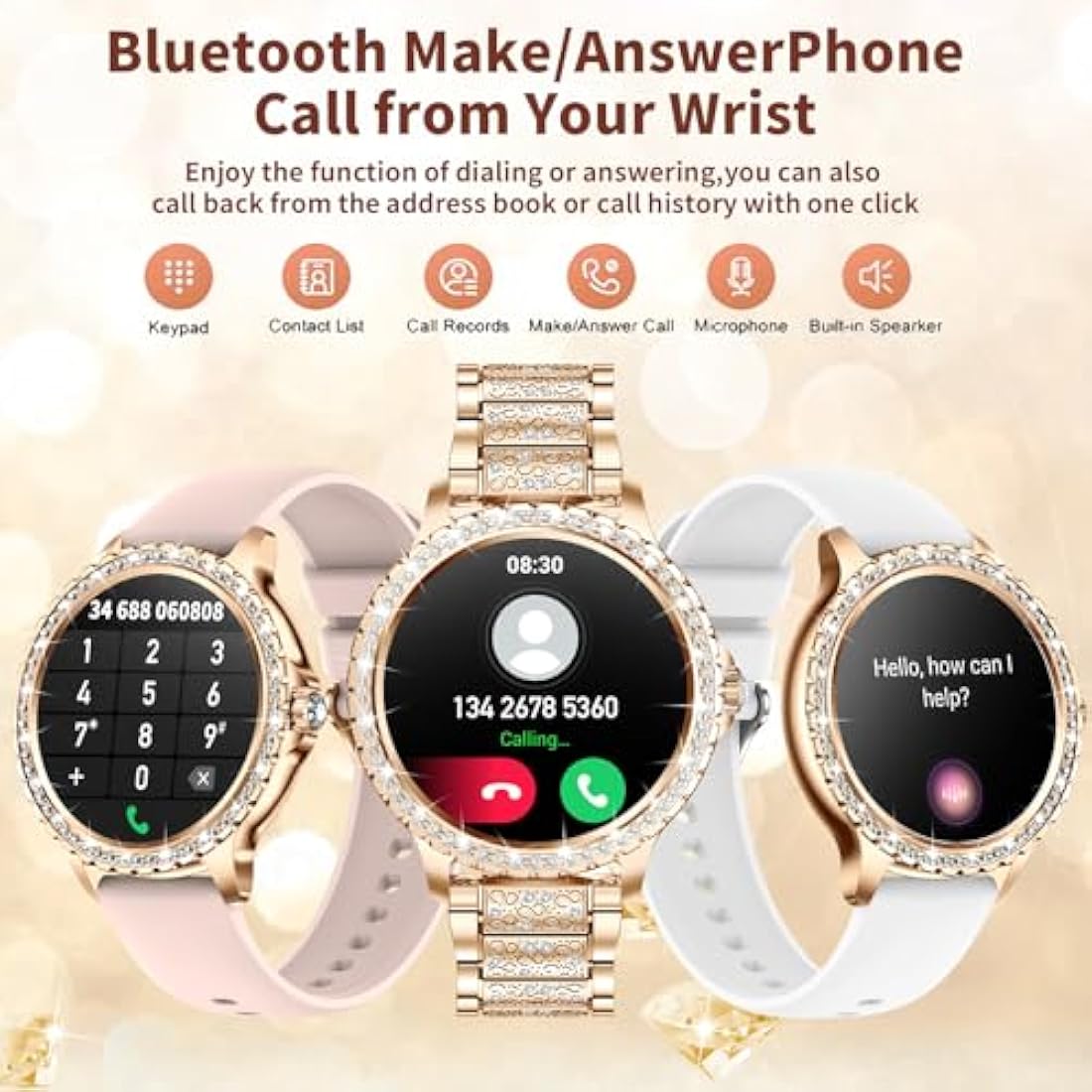 Smart Watches for Women Diamonds (Answer/Make Call),1.32''Touchscreen,Android Smart Watch with Heart Rate/Sleep Monitor,Smart Watch for Women Compatible with AI Voice,3 Bling Straps