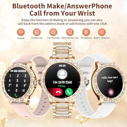 Smart Watches for Women Diamonds (Answer/Make Call),1.32''Touchscreen,Android Smart Watch with Heart Rate/Sleep Monitor,Smart Watch for Women Compatible with AI Voice,3 Bling Straps