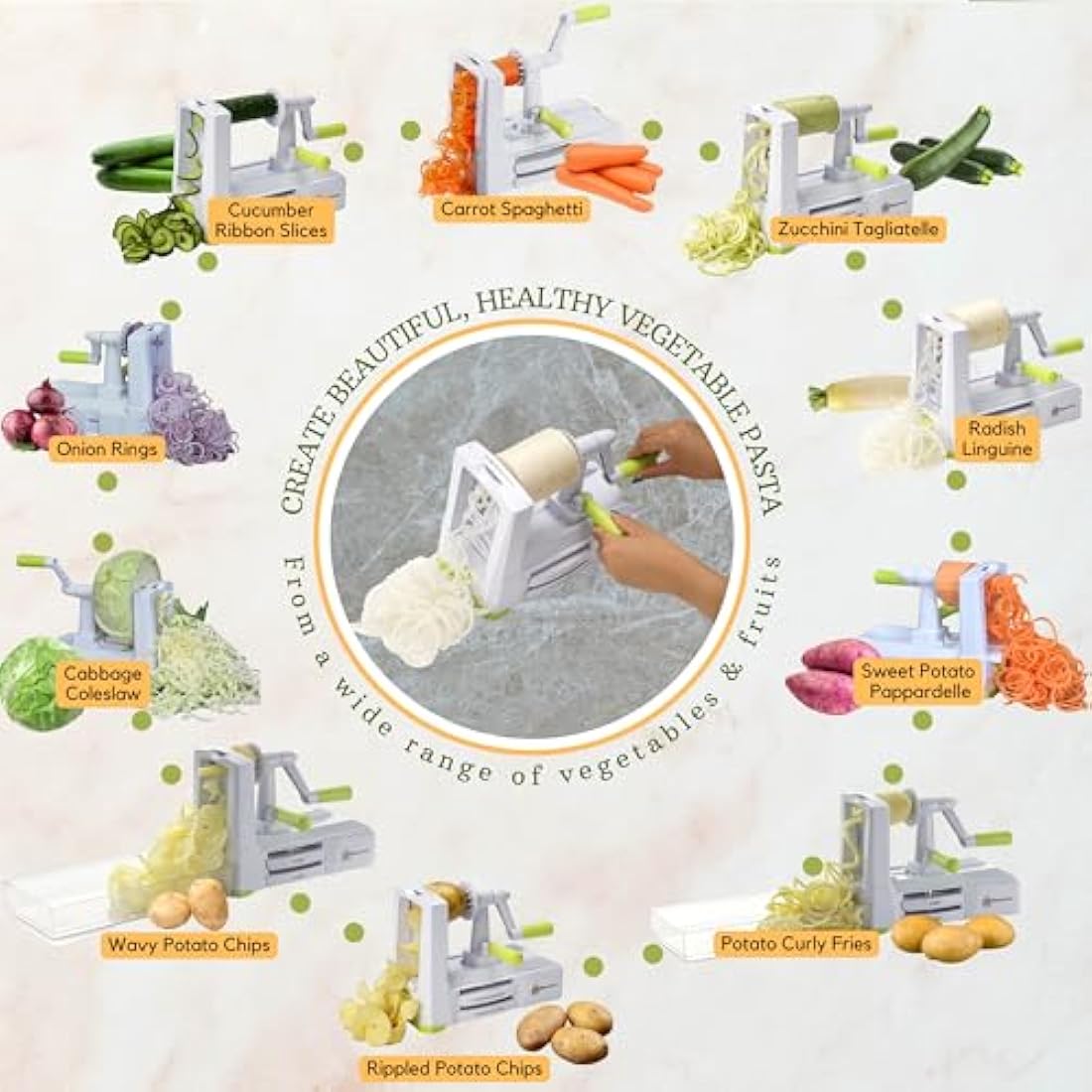 Brieftons 10-Blade Vegetable Spiralizer: Strongest-Heaviest Spiral Slicer, Best Veggie Pasta Spaghetti Maker for Low Carb, Paleo, Gluten Free Meals, with Blade Caddy, Container, Lid & 4 Recipe Ebooks