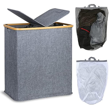 Efluky 140L Large Divided Wash Basket with Lid, 2 Section, Blue-grey