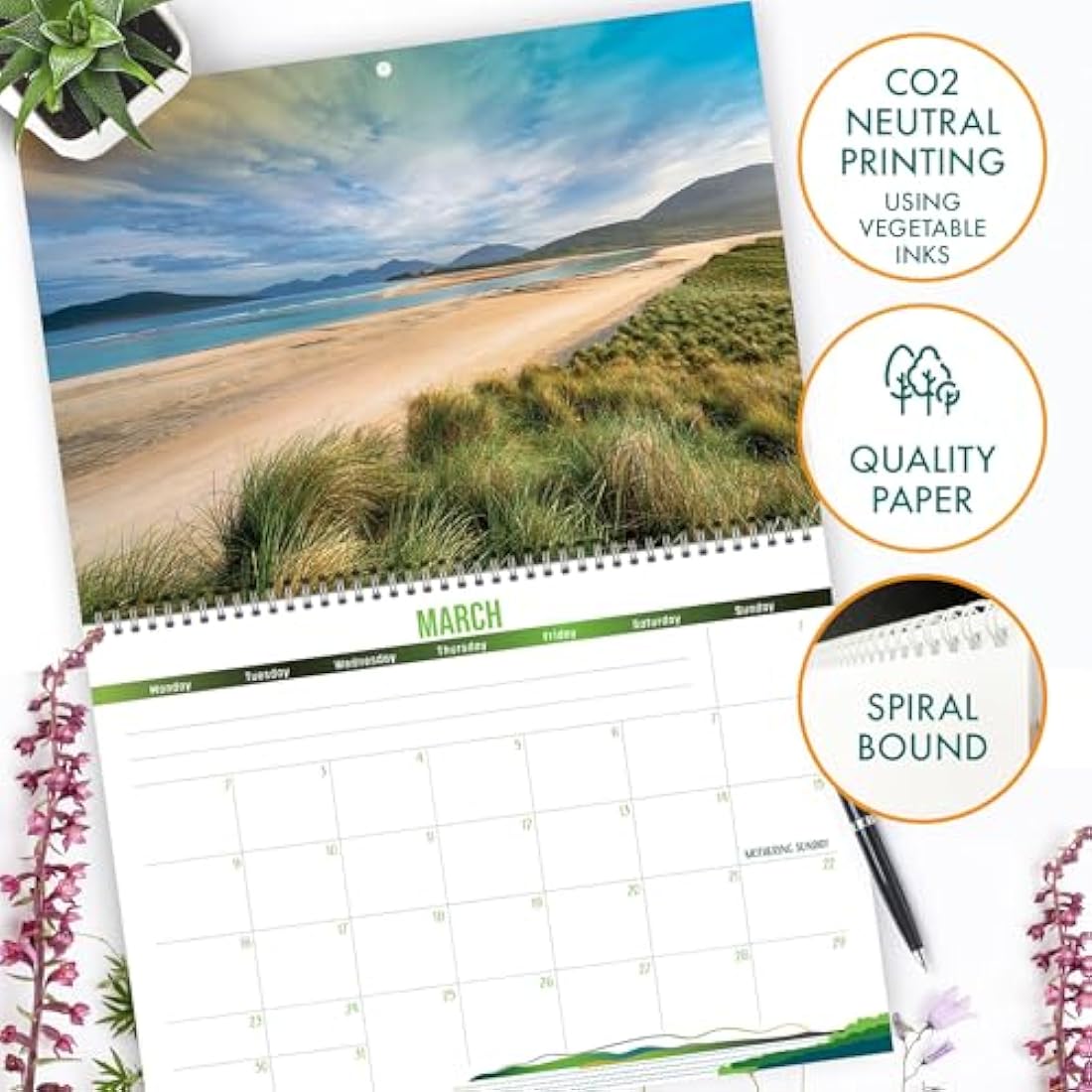British Coast Calendar 2026, with beautiful scenery from the British Isles. 2026 wall calendar UK, month to view with spiral binding, by Just Cards Direct