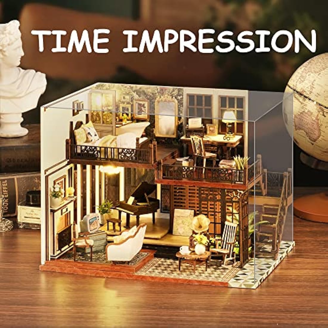 Spilay DIY Miniature Dollhouse Wooden Furniture Kit,Handmade Mini Crafts Modern Villa Model with Dust Cover & Music Box,1:24 Scale Creative Doll House Toys (LV002) (Time Impression)