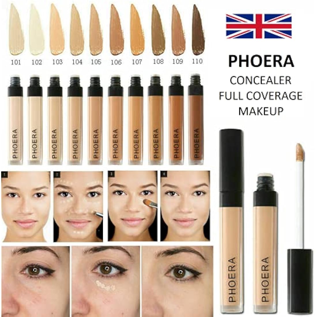 Phoera Full‑Coverage Matte Liquid Concealer – Waterproof, Oil‑Free Camouflage for Dark Circles, Acne Scars & Under‑Eye (109 - Hazelnut)