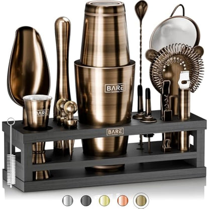 BARE BARREL® Cocktail Making Kit | 16-Piece Bartender Kit Cocktail Shaker Set Maker | Bamboo Display Stand & 35 Recipe Cards | Mixology Cocktail Gift Set (800ml/28oz Boston Shaker, Brass/Black)