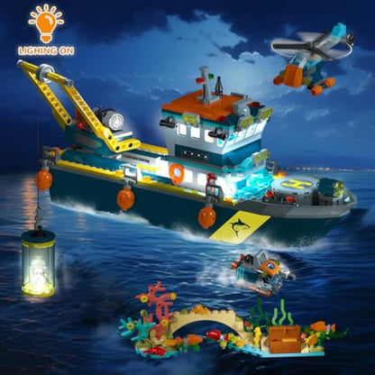 HOGOKIDS City Floatable Boat Building Set with LED Light - Fun Arctic Explorer Ship Building Block Set Ocean Exploration with Helicopter, Sub, Shark Cage Birthday Gift for 6+ Years Old Boys Girls Kids