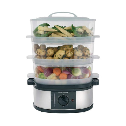 Morphy Richards 3 Tier Food Steamer, 9L, 60 Minute Timer with Bell, Instant Steam Production, Visible Water Gauge, Rice Tray, 750W, Stainless Steel,
