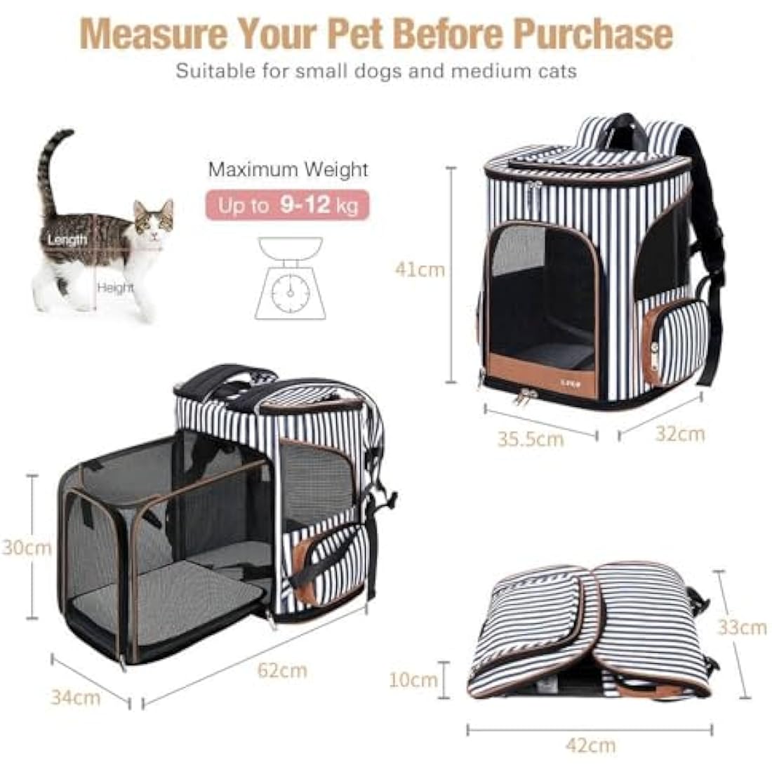 Lekesky Expandable Cat Carrier Backpack - Portable Breathable Rucksack for Medium and Small Cats & Dogs, Foldable with Inner Escape-proof Leash and Pet Mat, Supports 25 lbs (Striped)