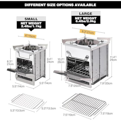 REDCAMP Wood Burning Camping Stove Folding with Pot Stand, Large Portable Stainless Steel 304# Grill Folding Wood Stove for Hiking Picnic Cooking Outdoor，Large