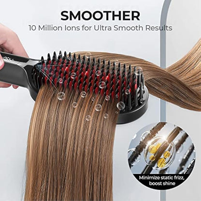 TYMO Ionic Plus Hair Straightener Brush UK, Upgraded Straightening Brush with Dense Bristles for Thick Hair, 16 Temps (80℃~230℃) LED Display, 10 Million ions, Dual Voltage, Hot Brush for Women (Black)