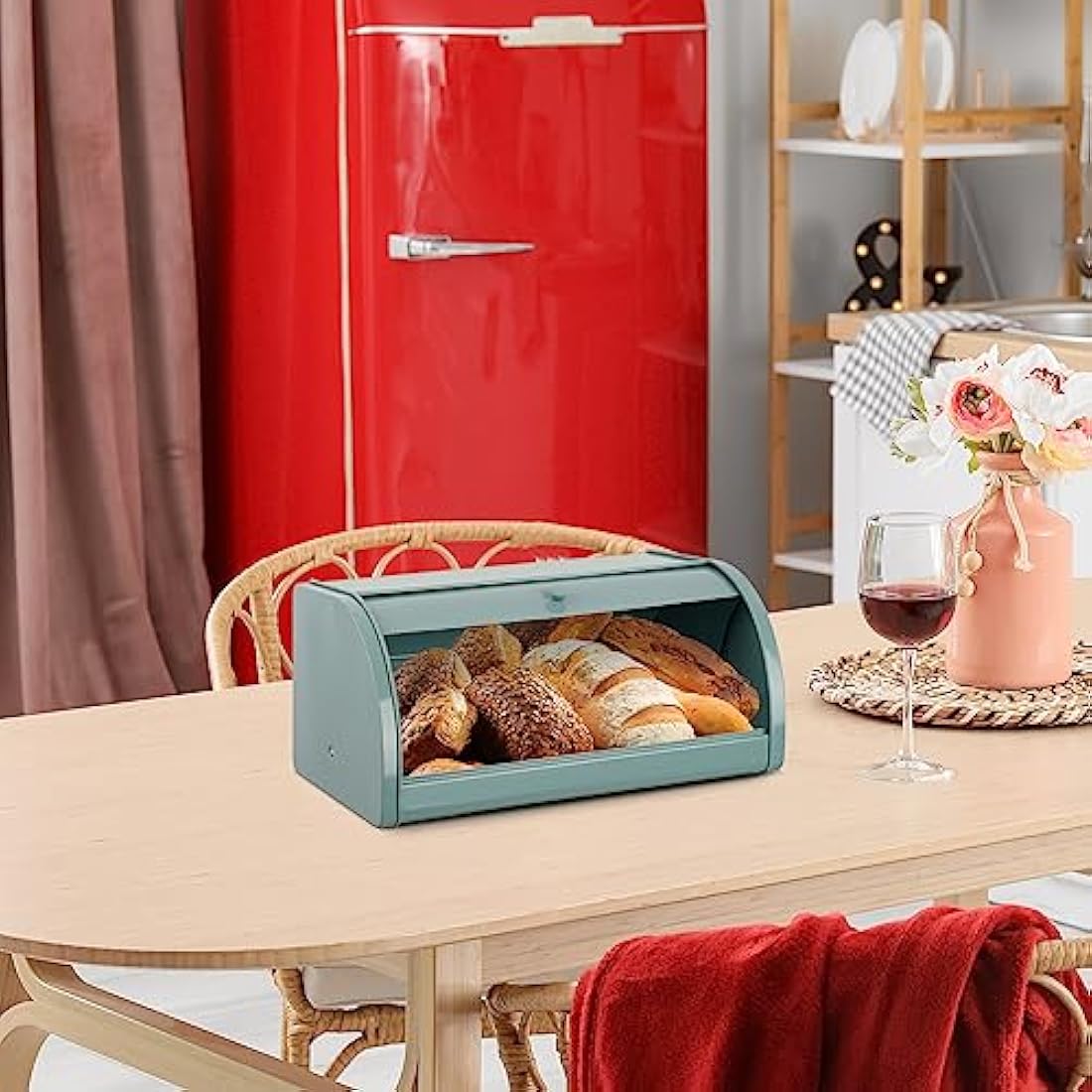 Hossejoy Metal Bread Box, Countertop Bread Storage, Bread Boxes with Roll Top Lid, Bread Bin Container Holder, Breadbox Holds for Your Kitchen Counter (Green)