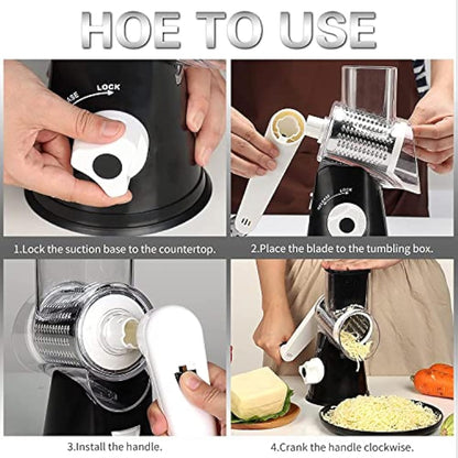Ourokhome Rotary Cheese Grater Vegetable Slicer - Rotary Round Drum Grater Chopper with 3 Stainless Steel Drums Strong Suction Base (Black)