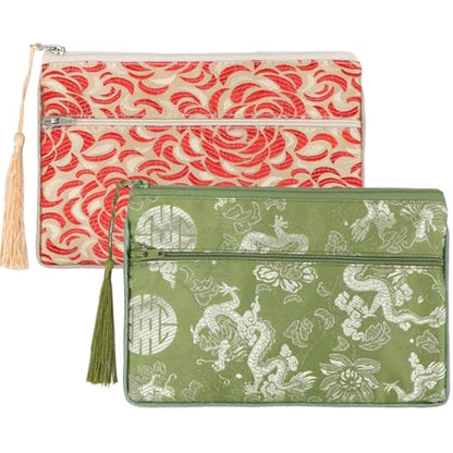 kilofly Chinese Silk Brocade 2 Zipper Pockets Tassel Jewelry Pouch Bag, Set of 2