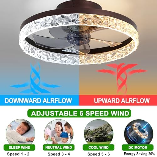 Quiet Ceiling Fans with Lights Remote Control, Modern Lighting Fan Ceiling Light LED Dimmable Ceiling Fan Lamps for Bedroom Living Room, Fan Reversible and 6 Speeds (Black, 50CM)