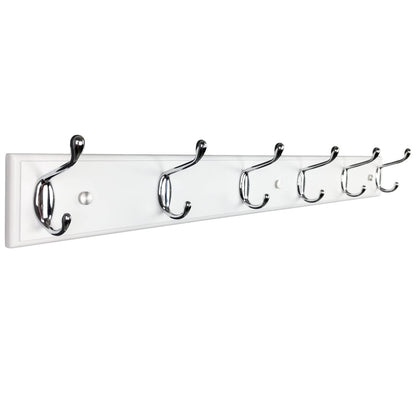 lomejii Long Wooden wall Mounted Coat Rack Wood White 6 Hooks, 70 cm, Sturdy Silver Coat Hook Rack for Clothes, Hats, Bags