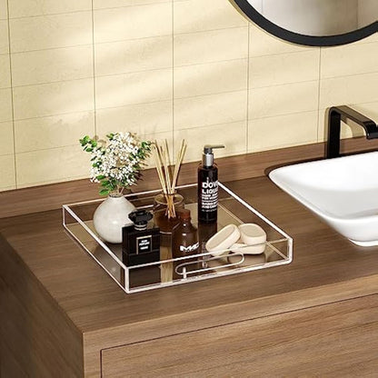 Clear Serving Tray 12x16 Inches/ 30x40 cm -Spill Proof- Acrylic Decorative Tray Organiser for Ottoman Coffee Table Countertop with Handles