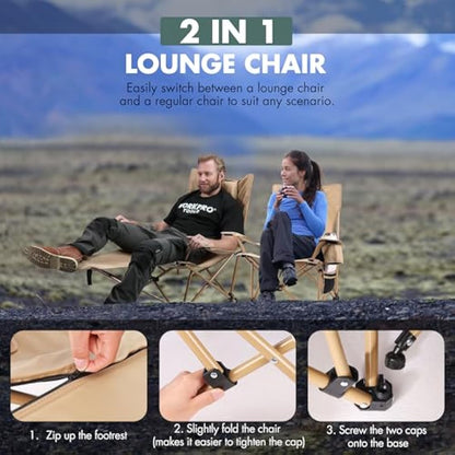 VILLEY Reclining Camping Chair with Removable Footrest, 2 in 1 Portable Adjustable Recliner Camp Chair, Headrest & Storage Bag, Supports Up to 150 kg