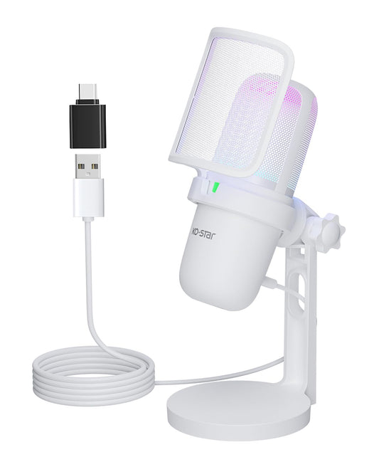 USB Microphone for PC, White Mini Computer Gaming Mic for PS4/PS5/Mac, Condenser With Quick Mute, RGB Streaming, Filter, Shock Mount, Recording for