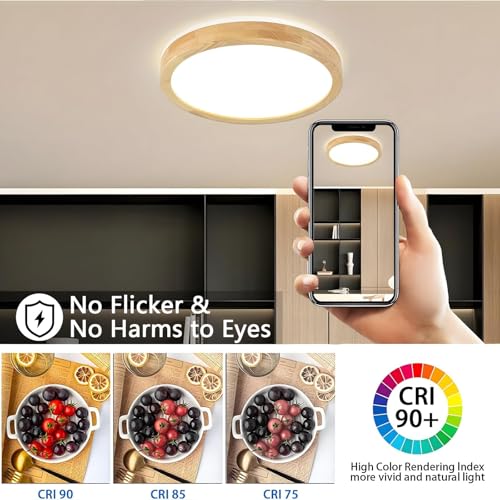 YYUTLUO LED Ceiling Light Wood, Top 360 Glow Round Natural Wooden Lamp | 3000K Warm White, 18W 1600lm | Living Room, Kitchen, Dining Room, Hallway,