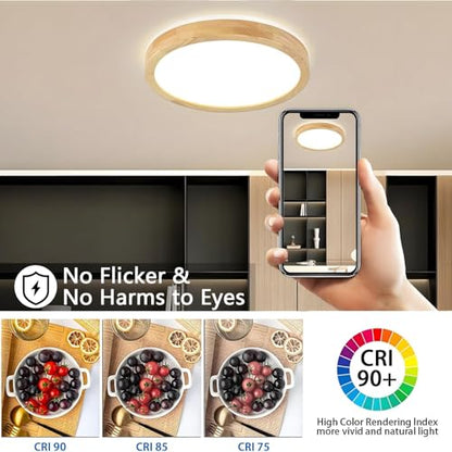 YYUTLUO LED Ceiling Light Wood, Top 360 Glow Round Natural Wooden Lamp | 3000K Warm White, 18W 1600lm | Living Room, Kitchen, Dining Room, Hallway,