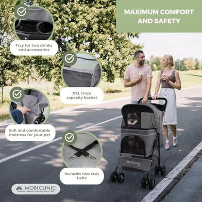 Mobiclinic® Pets Foldable Dog Pram, Up to 15 kg, Ideal for Small Dogs, Pet Stroller, Zuma, Wheels with 360° Brakes, XXL Basket, 3 Windows with Zip and Mosquito Net, Cup Holder