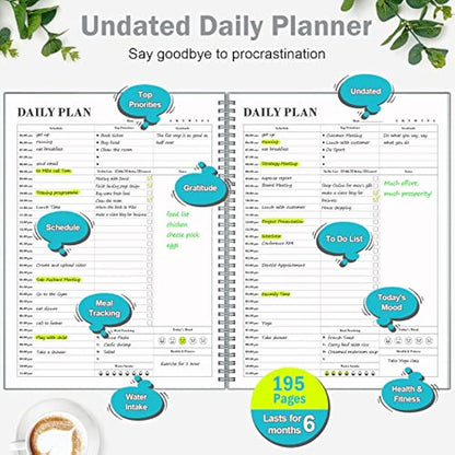Planner Undated, Asten Daily Planner Agenda with to Do List, Hourly Schedules for Women and Men, Spiral Appointment Book with Elastic Closure, Inner Pocket 21.6 x 28cm (Gray)