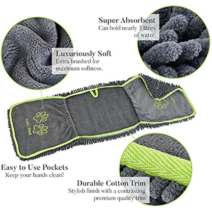 Lucky Paws® Chenille Dog Towel with Hand Pockets - UK Based Seller - Absorbent Microfibre Towel - Fast Drying - Super Soft - Machine Washable & Dryable - 88 x 32cm (Pack of 2, Teal)