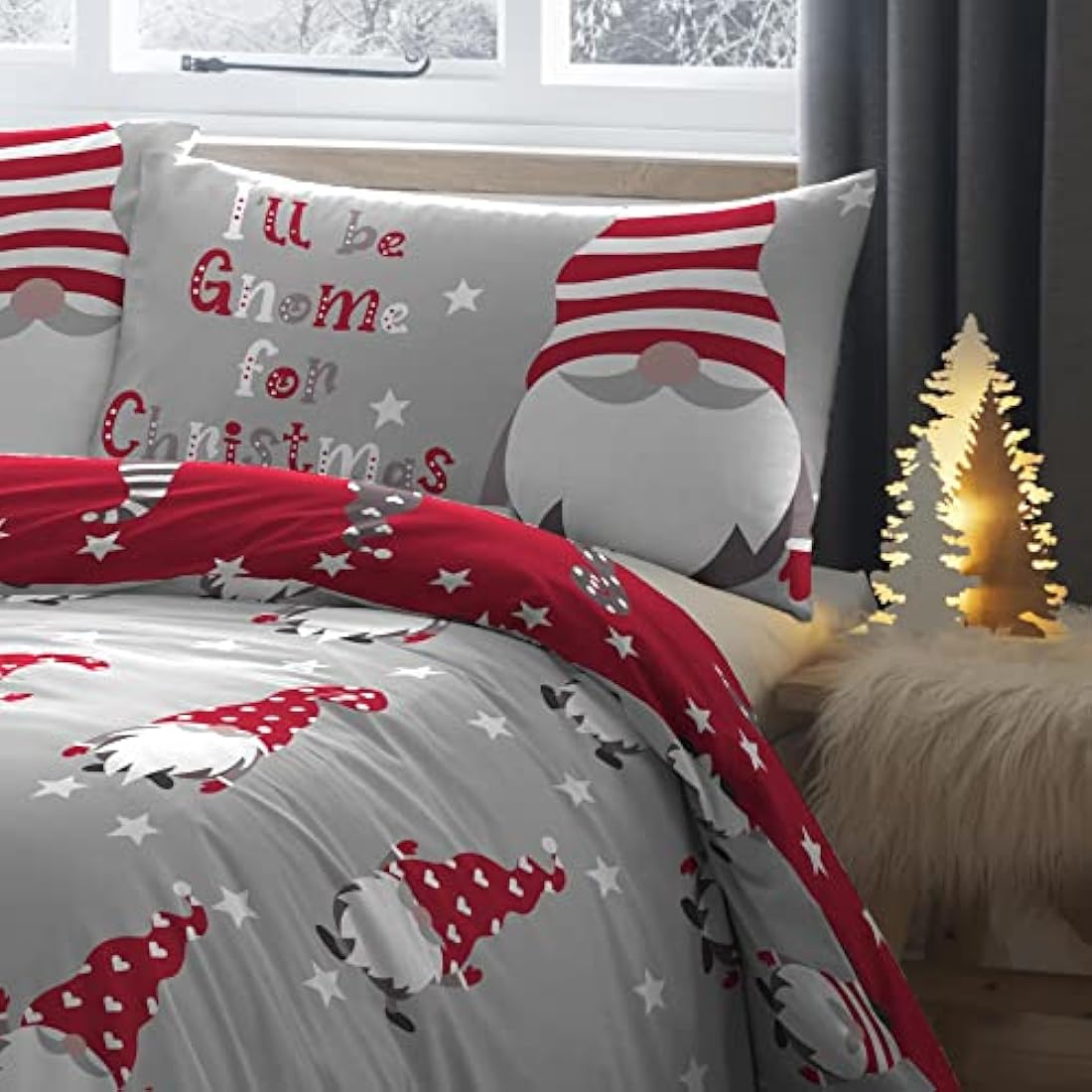 Fusion Christmas - Xmas Gonks - 100% Brushed Cotton Duvet Cover Set -2 pieces, Single Bed Size in Silver, GFCSV11PZU, Gnome Silver