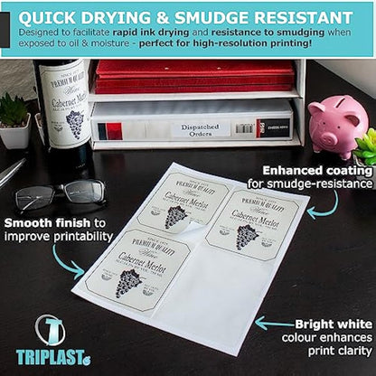 Triplast 50 x Multipurpose A4 Label Sheets - 65 Labels Per Sheet (38 x 21mm Each) - Easy Peel White Labels for Inkjet & Laser Printer - Address Labels, Shipping Labels, File Labels, DIY Stickers