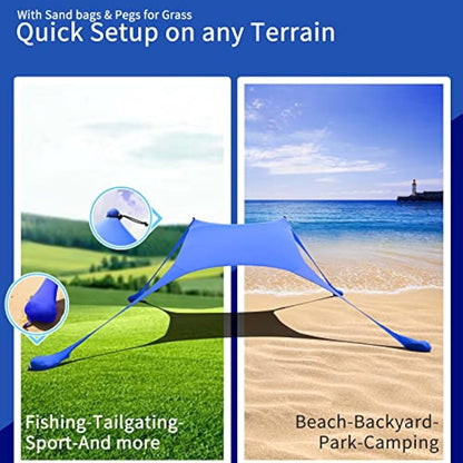 CUUPO 77 FT Beach Tent Sun Shelter UPF50+ UV Protection, Outdoor Canopy Tent Sun Shade with 2 Poles for Camping, Fishing, Backyard and Picnics with Sandproof Beach Blanket Royal Blue