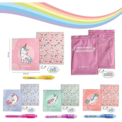 BONNYCO Invisible Ink Pen and Notebook, Pack 32 Unicorns Party Bags Filler & Pinata Toys | Unicorn Birthday Decorations | Stocking Fillers for Kids Birthday | School Prizes & Gifts for Children