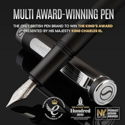 Scriveiner Luxury EDC Fountain Pen (Fine), Stunning Matt Black with Chrome Finish, Schmidt German Nib, Converter, Best Writing Gift Set for Men & Women, Nice Fancy Office Designer Pocket Pen