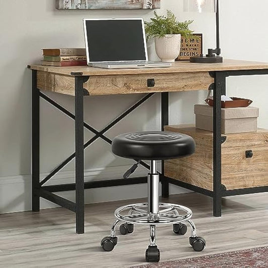 KKTONER PU Leather Round Rolling Stool with Foot Rest Swivel Height Adjustment Spa Drafting Salon Tattoo Work Office Massage Stools Task Chair (Black)