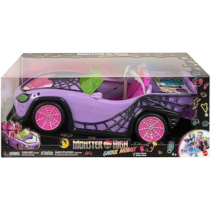 Monster High Toy Car, Ghoul Mobile with Pet and Cooler Accessories, Purple Convertible with Spiderweb Details