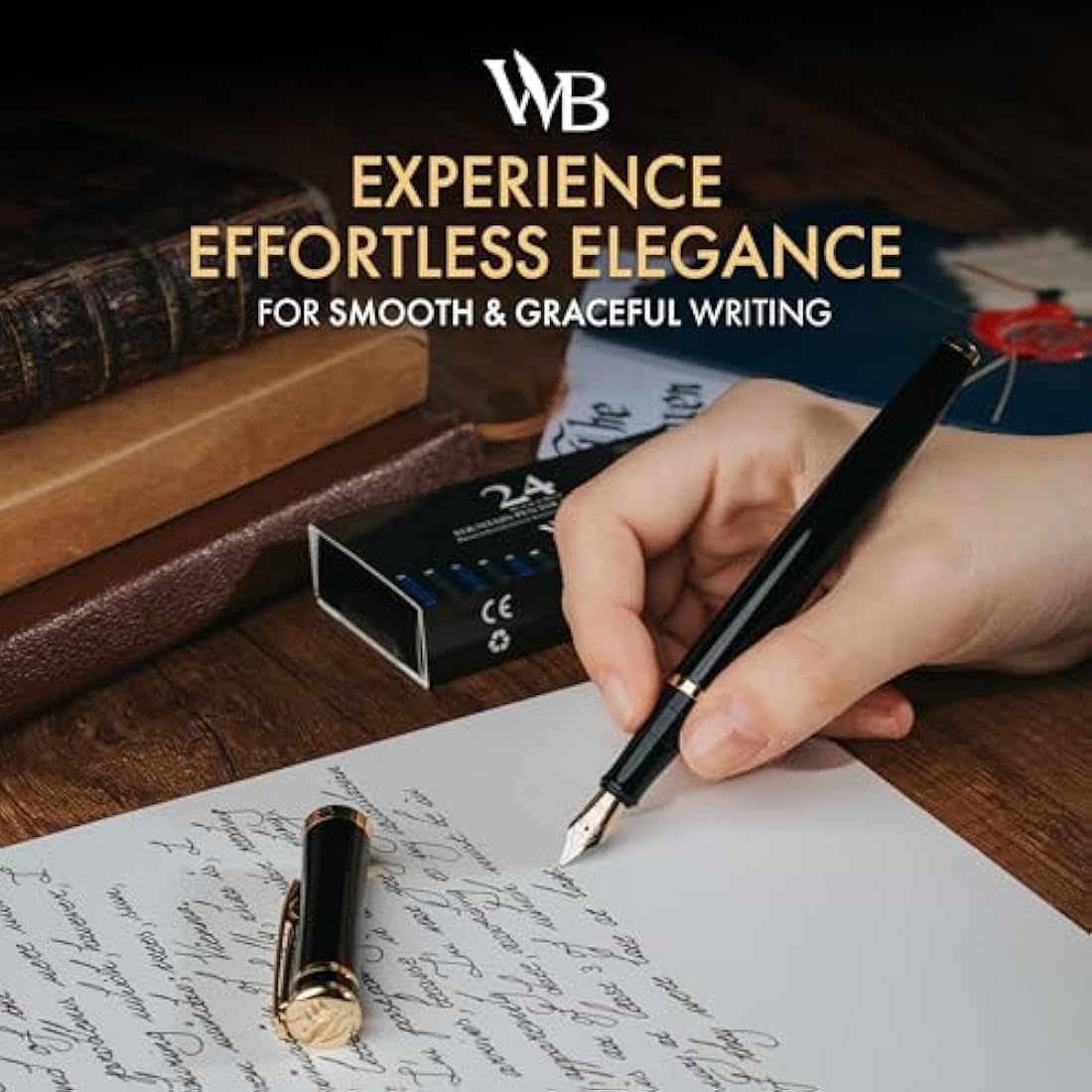 Wordsworth & Black Fountain Pen Set, Extra Fine Nib, Includes 24 Ink Cartridges and Ink Refill Converter Gift Box, Journaling,[Black Gold ]