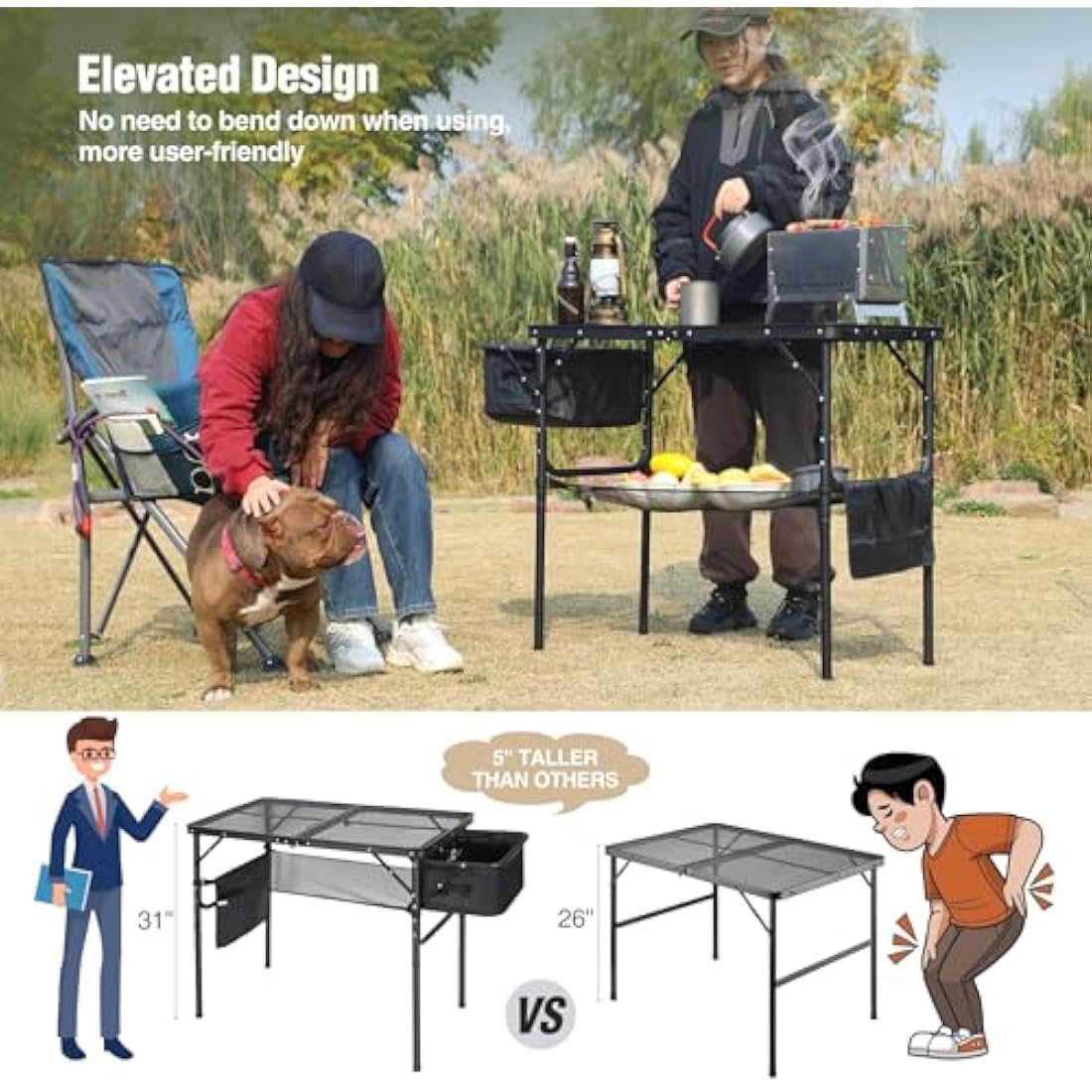 REDCAMP Folding Portable Grill Table with Sink for Outside, Lightweight Aluminum Metal Grill Stand Picnic Table for Camping Cooking BBQ RV Picnic, 2 Heights Adjustable,Black 36"x20"