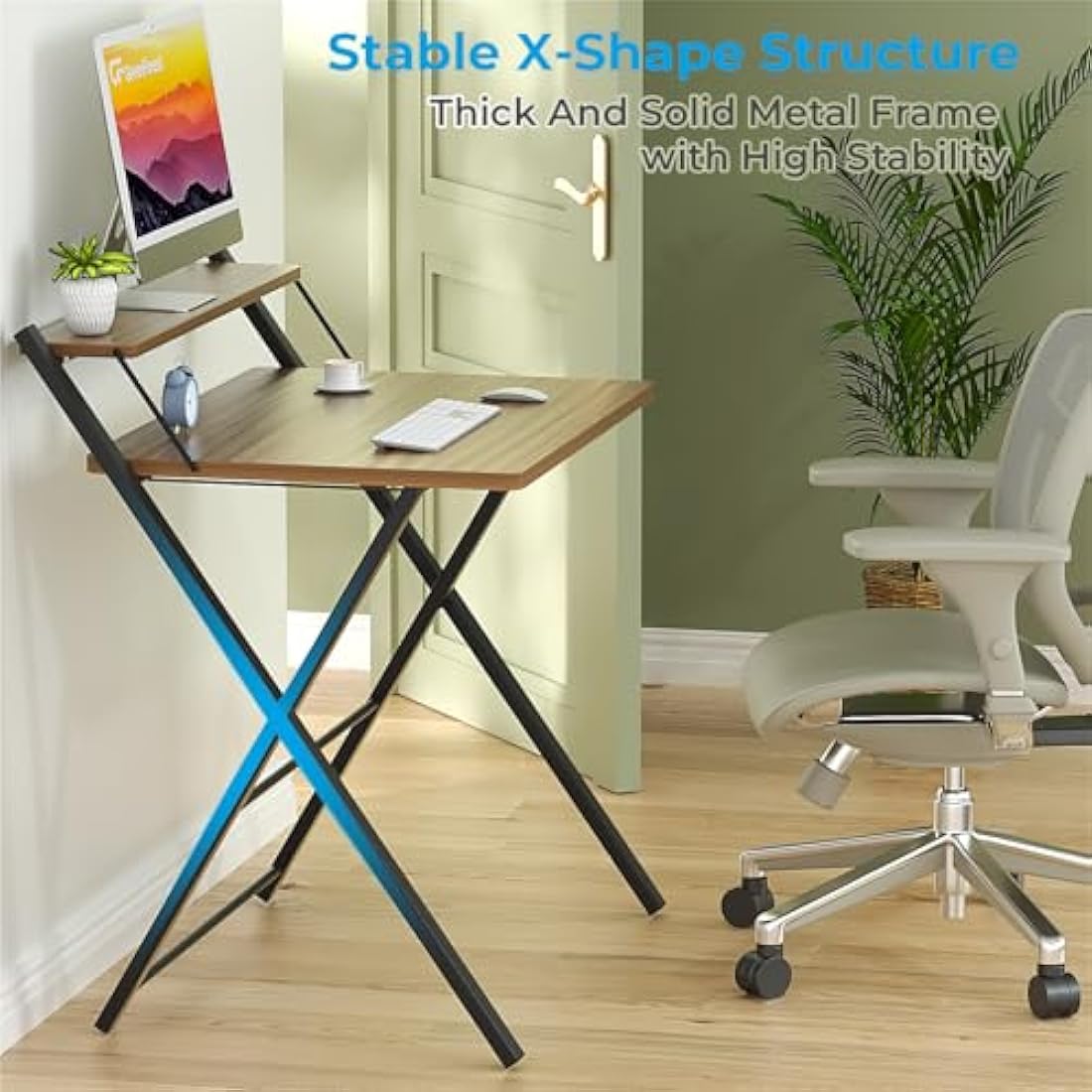 GreenForest Foldable Desk No Assembly Required,Small Desk with Monitor Shelf,Computer Desk for Small Space,Espresso
