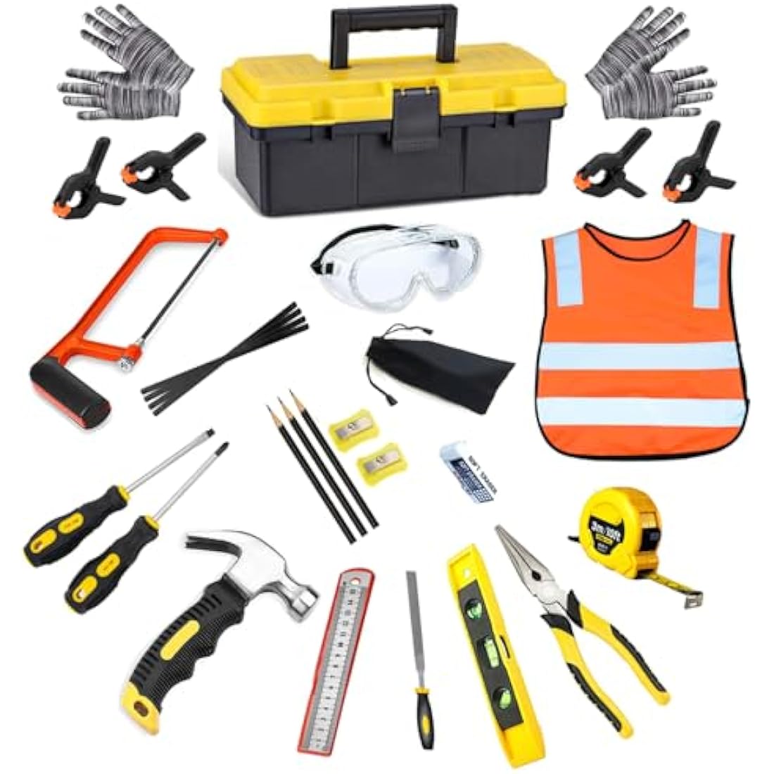 QeeHeng Kids Real Tools Set, Woodworking Tool Set, 30 PCS Builder Children Real Hand Tools Kit Construction Learning, Home DIY Play for Boys & Girls Beginner Learning Gift, Come with Tool box