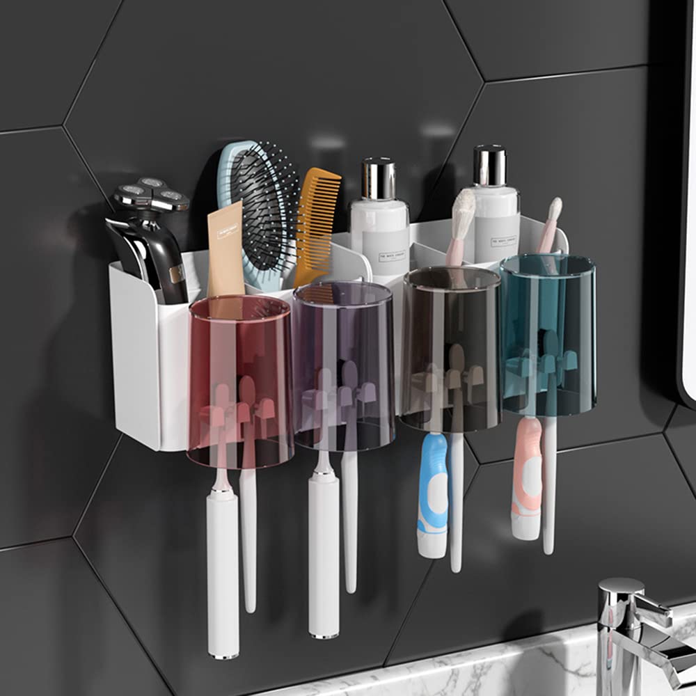 Toothbrush Holder Wall Mounted, Adhesive Toothbrush Holders, Multifunctional Bathroom Toothbrush Holder with 4 Cups and 4 Toothbrush Slots can Hold 8