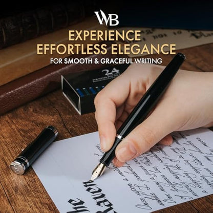 Wordsworth & Black Fountain Pen Set, Bent Nib, Includes 24 Pack Ink Cartridges, Ink Refill Converter & Gift Box, Chrome Finish, Calligraphy, [Black Chrome], Perfect for Men & Women