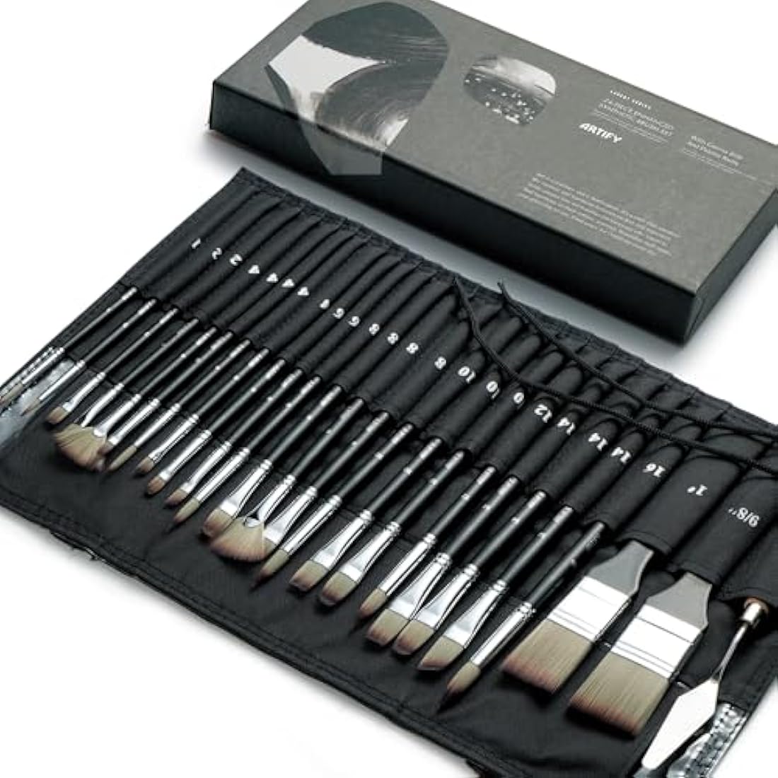 ARTIFY 25 Pieces Paint Brush Set, Expert Series, Enhanced Synthetic Brush Set with Cloth Roll and Palette Knife for Acrylic, Oil, Watercolor and Gouache (Black)